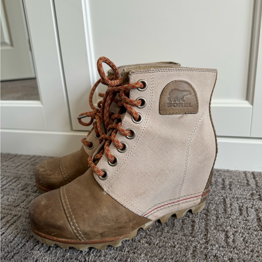 Sorel Beige and Brown Lace-Up Wedge Boots